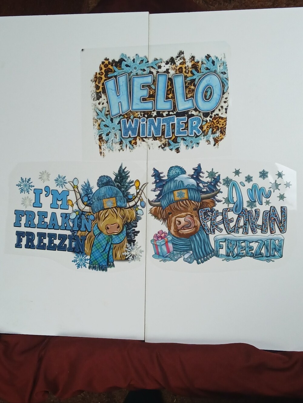 Ready to Press Winter DTF Transfers Set of 3 Highland Cow Hello Winter